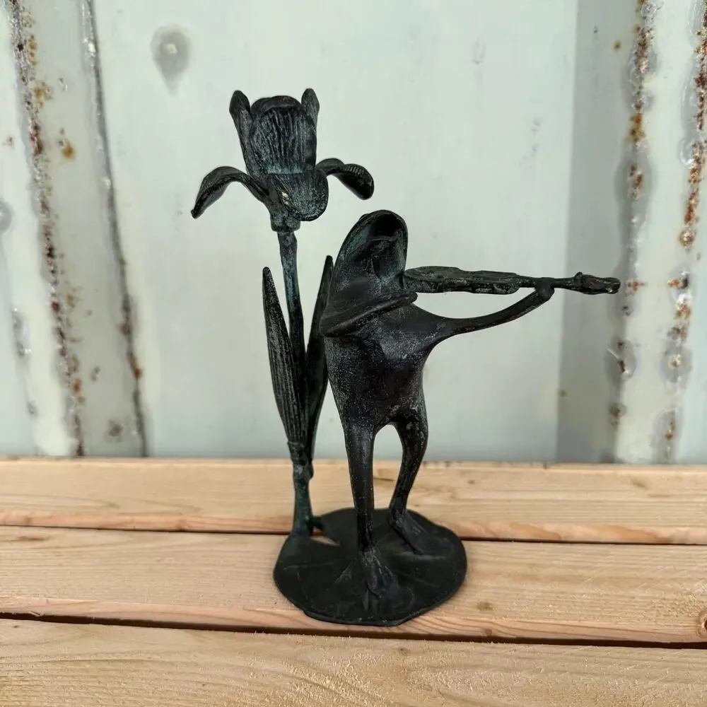 Vintage Bronze Frog on Lily Pad Playing Violin Figurine Candle Holder